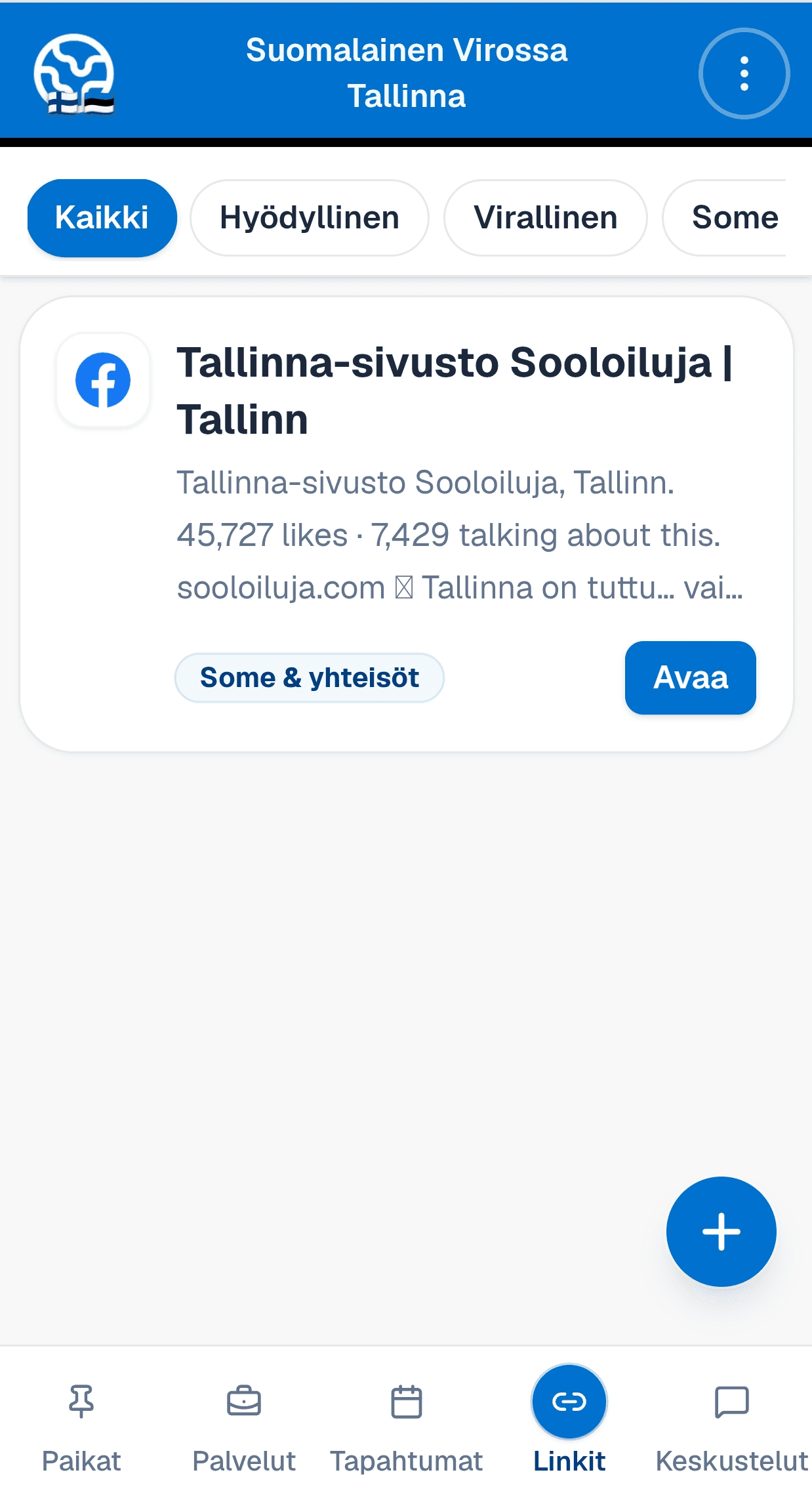 Linkit-näkymä sovelluksessa