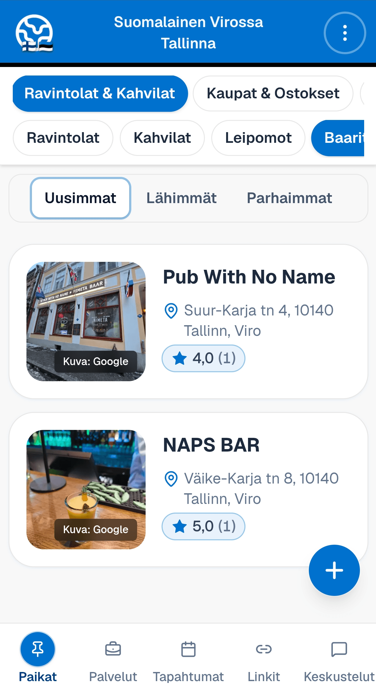 Paikat-näkymä sovelluksessa