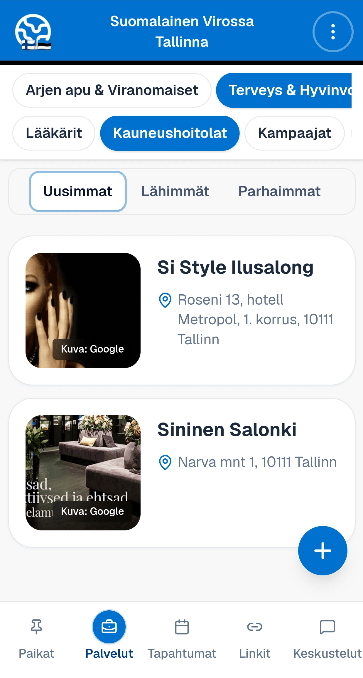 Palvelut-näkymä sovelluksessa